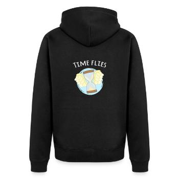 Zeit verfliegt... Fliegende Sanduhr Wortspiel - Unisex Premium Bio Zip Hoodie - Schwarz - Hinten - Nico (187cm)