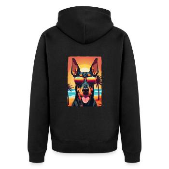 cool Doberman on the beach with sunglasses - Unisex Premium Organic Zip Hoodie - black - Back - Nico (187cm)