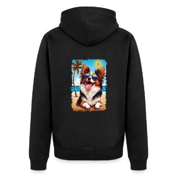 Papillon Hund am Strand mit Sonnenbrille - Unisex Premium Bio Zip Hoodie - Schwarz - Hinten - Nico (187cm)