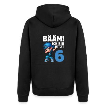 BÄÄM! Ich bin jetzt 6 - Unisex Premium Bio Zip Hoodie - Schwarz - Hinten - Nico (187cm)
