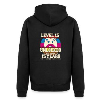 Original 2009 15 Jahre Level 15 freischalten - Unisex Premium Bio Zip Hoodie - Schwarz - Hinten - Nico (187cm)