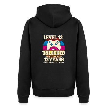 Original 2011 13 Jahre Level 13 Freischaltung - Unisex Premium Bio Zip Hoodie - Schwarz - Hinten - Nico (187cm)