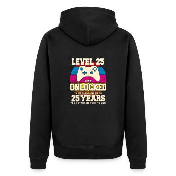 Original 1999 25 Jahre Level 25 Freischalten - Unisex Premium Bio Zip Hoodie - Schwarz - Hinten - Nico (187cm)