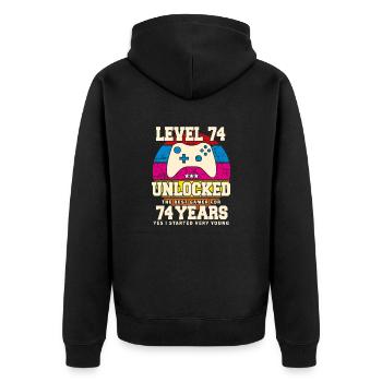 Original 1950 74 Jahre alt Level 74 Freischalten - Unisex Premium Bio Zip Hoodie - Schwarz - Hinten - Nico (187cm)