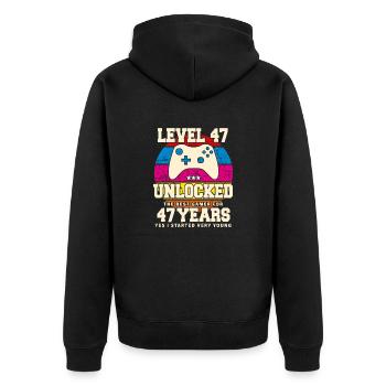 Original 1977 47 Jahre Level 47 Freischalten - Unisex Premium Bio Zip Hoodie - Schwarz - Hinten - Nico (187cm)