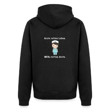 Lustiges MFA Spruchshirt – MFAs retten Ärzte - Unisex Premium Bio Zip Hoodie - Schwarz - Hinten - Nico (187cm)