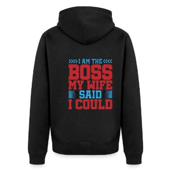 Je suis le patron - Ma femme a dit que je pouvais avoir 5 ans - Veste à capuche bio Premium Unisexe - noir - Dos - Nico (187cm)