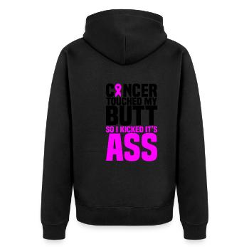 Cancer Touched My Butt, So I Kicked Its Ass - Unisex Premium Bio Zip Hoodie - Schwarz - Hinten - Nico (187cm)