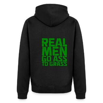Real Men Go Ass To Grass - Unisex Premium Bio Zip Hoodie - Schwarz - Hinten - Nico (187cm)
