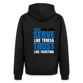 Fight Like Joan Serve Like Teresa 2 - Unisex Premium Bio Zip Hoodie - Schwarz - Hinten - Nico (187cm)