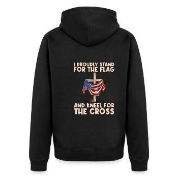 I Proudly Stand For The Flag Kneel For The Cross - Unisex Premium Bio Zip Hoodie - Schwarz - Hinten - Nico (187cm)