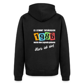 Legende ist 1986 geboren. Geburtstagsspruch - Unisex Premium Bio Zip Hoodie - Schwarz - Hinten - Nico (187cm)