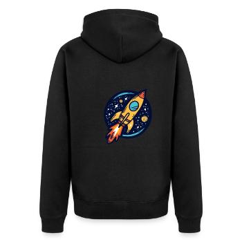 Rakete fliegt durchs All - Unisex Premium Bio Zip Hoodie - Schwarz - Hinten - Nico (187cm)