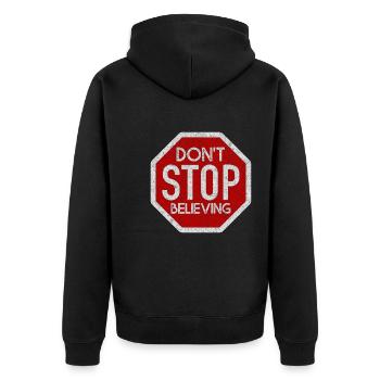 DONT STOP BELIEVING WHITE GRUNGE - Unisex Premium Bio Zip Hoodie - Schwarz - Hinten - Nico (187cm)