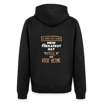 "Mein Therapeut hat Fell & vier Beine". Katzen. - Unisex Premium Bio Zip Hoodie - Schwarz - Hinten - Nico (187cm)