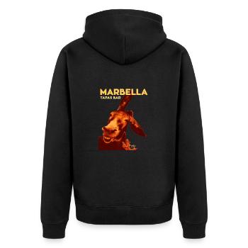 DONKEY SOSO MARBELLA-TAPA-BAR - Unisex Premium Bio Zip Hoodie - Schwarz - Hinten - Nico (187cm)