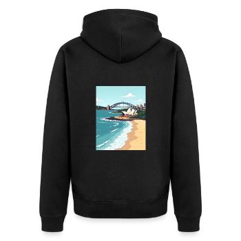 Sydney Highlights: Opera House, Harbour Bridge - Unisex Premium Bio Zip Hoodie - Schwarz - Hinten - Nico (187cm)