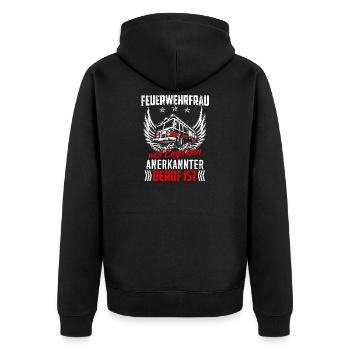 Feuerwehr Shirt · Feuerwehrfrau · Engel kein Beruf - Unisex Premium Bio Zip Hoodie - Schwarz - Hinten - Nico (187cm)