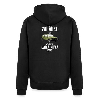 Zuhause Lada Niva 4x4 Offroad Geländewagen USSR - Unisex Premium Bio Zip Hoodie - Schwarz - Hinten - Nico (187cm)