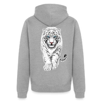 Weißer Tiger - Unisex Premium Bio Zip Hoodie - Grau meliert - Hinten - Nico (187cm)