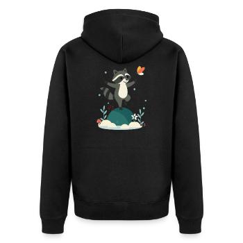 Verspielter tanzender Waschbär mit Schmetterling - Unisex Premium Bio Zip Hoodie - Schwarz - Hinten - Nico (187cm)