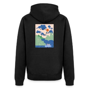 Korean Art Design with Cranes & Origami Boat - Unisex Premium Organic Zip Hoodie - black - Back - Nico (187cm)