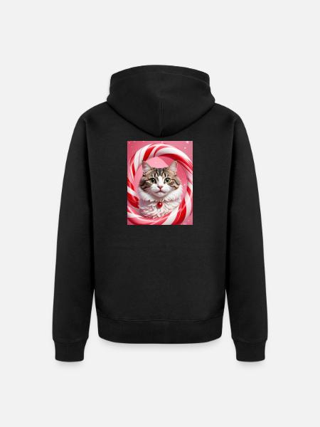Christmas Cat in Candy Ring Design - Unisex Premium Organic Zip Hoodie - black