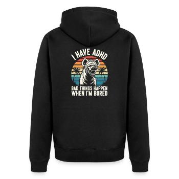ADHS Humor Hyäne – Wenn mir langweilig wird eskali - Unisex Premium Bio Zip Hoodie - Schwarz - Hinten - Nico (187cm)