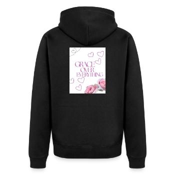 Gnade über alles Blumenherzen - Unisex Premium Bio Zip Hoodie - Schwarz - Hinten - Nico (187cm)