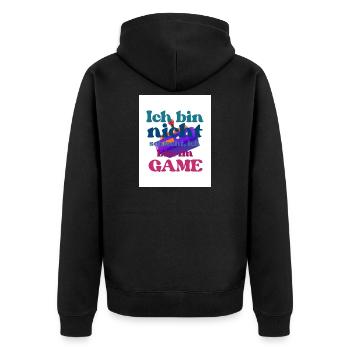 Ich bin im GAME – bunter Spruch - Unisex Premium Bio Zip Hoodie - Schwarz - Hinten - Nico (187cm)