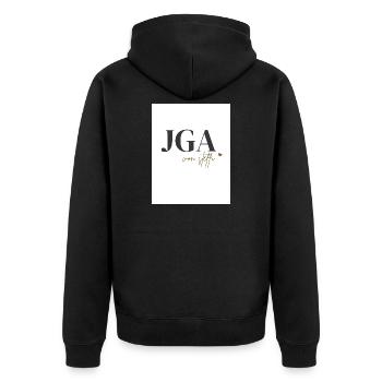 Schwarz_Gold_Minimalistisch_Modern_Junggesellen - Unisex Premium Bio Zip Hoodie - Schwarz - Hinten - Nico (187cm)