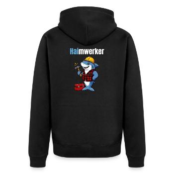 Haimwerker – Lustiger Hai Handwerker - Unisex Premium Bio Zip Hoodie - Schwarz - Hinten - Nico (187cm)