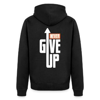 Never give up - Motivation Mut Kraft - Unisex Premium Bio Zip Hoodie - Schwarz - Hinten - Nico (187cm)