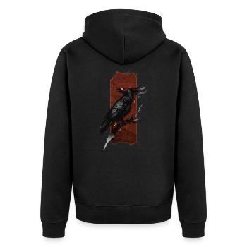 Crimson Gaze: Rabe mit roten Augen - Unisex Premium Bio Zip Hoodie - Schwarz - Hinten - Nico (187cm)