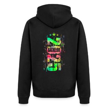 Bachelor 2025 bunt - Unisex Premium Bio Zip Hoodie - Schwarz - Hinten - Nico (187cm)