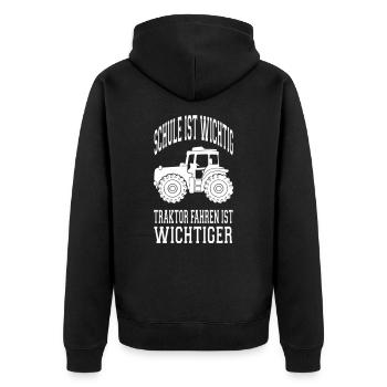 TRAKTOR SPRUCH SCHULE IST WICHTIG TRAKTOR FAHREN - Unisex Premium Bio Zip Hoodie - Schwarz - Hinten - Nico (187cm)