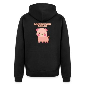 Schweinchen Schlau, ein rosa Schwein - Unisex Premium Bio Zip Hoodie - Schwarz - Hinten - Nico (187cm)