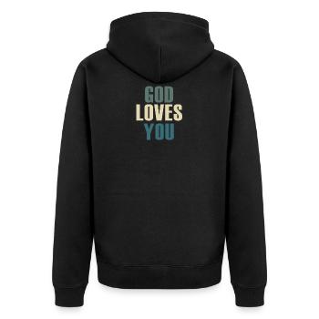 Gott liebt dich christliches Motiv - Unisex Premium Bio Zip Hoodie - Schwarz - Hinten - Nico (187cm)