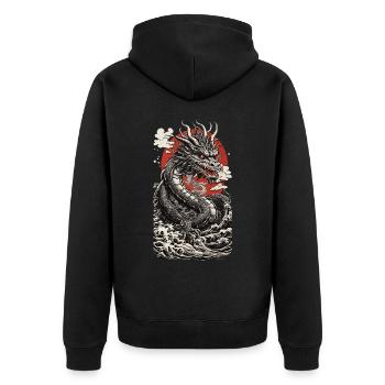 Ukiyo-E Drache Retro Asiatischer Japan Kunst Stil - Unisex Premium Bio Zip Hoodie - Schwarz - Hinten - Nico (187cm)
