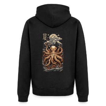 Ukiyo-E Oktopus Japanisches Meer und Fischer - Unisex Premium Bio Zip Hoodie - Schwarz - Hinten - Nico (187cm)