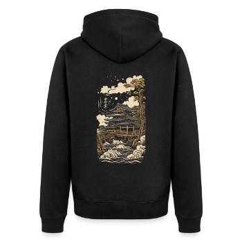 Tempel in Ukiyo-E Vintage Japan Kunst - Unisex Premium Bio Zip Hoodie - Schwarz - Hinten - Nico (187cm)