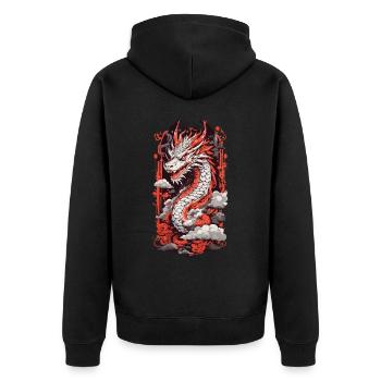 Feuer Drache Japan Ukiyo-E Otaku Kunststil - Unisex Premium Bio Zip Hoodie - Schwarz - Hinten - Nico (187cm)
