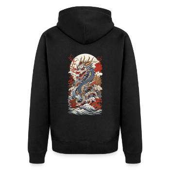 Japanischer Vintage Drachen Ukiyo-E Streetwear - Unisex Premium Bio Zip Hoodie - Schwarz - Hinten - Nico (187cm)