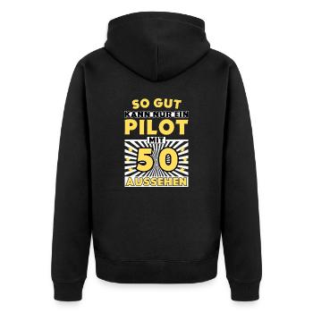 So gut kann nur ein Pilot mit 50 aussehen - Unisex Premium Bio Zip Hoodie - Schwarz - Hinten - Nico (187cm)