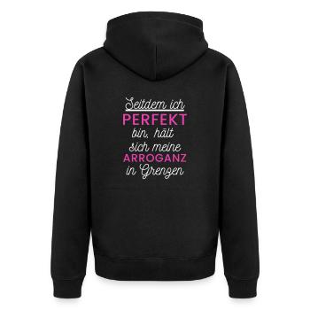 Selbstironische Perfektion - Unisex Premium Bio Zip Hoodie - Schwarz - Hinten - Nico (187cm)