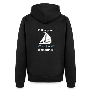 follow your dreams Segelboot - Unisex Premium Bio Zip Hoodie - Schwarz - Hinten - Nico (187cm)
