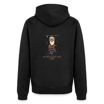 Witzig: Unterschätze niemals einen alten Mann mit einem Fahrrad - Unisex Premium Bio Zip Hoodie - Schwarz - Hinten - Nico (187cm)