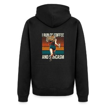 Kaffee Geschenk: I Run On Coffee And Sarcasm - Unisex Premium Bio Zip Hoodie - Schwarz - Hinten - Nico (187cm)
