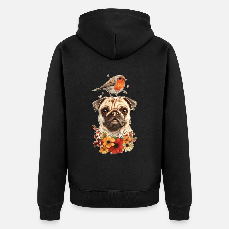 Carlin avec oiseau - Veste à capuche bio Premium Unisexe - noir