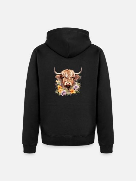 Majestic Highland : Portrait of a Highland Cow - Unisex Premium Organic Zip Hoodie - black